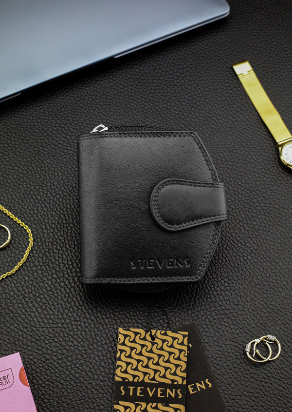 Moteriška odinė piniginė STEVENS, juoda, su RFID apsauga
