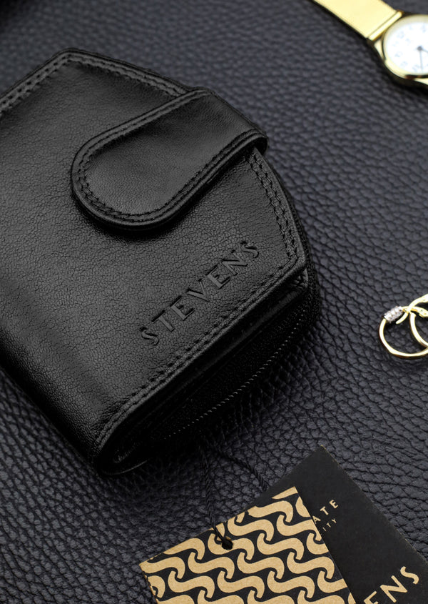 Moteriška odinė piniginė STEVENS, juoda, su RFID apsauga