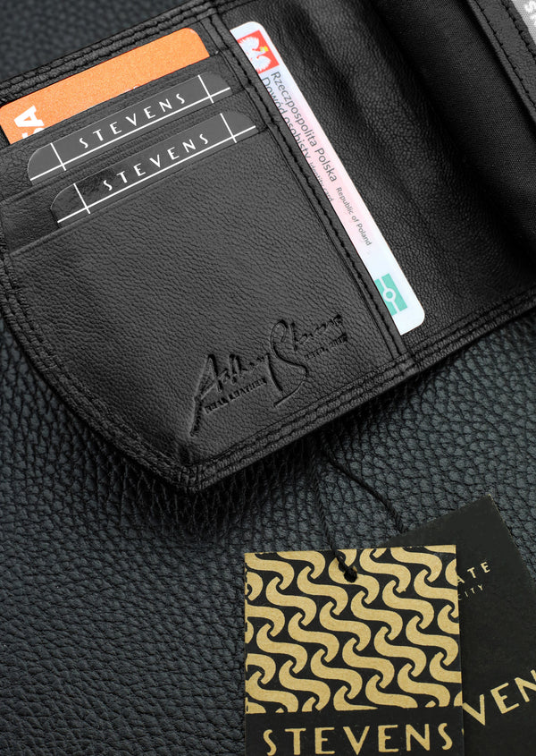 Moteriška odinė piniginė STEVENS, juoda, su RFID apsauga