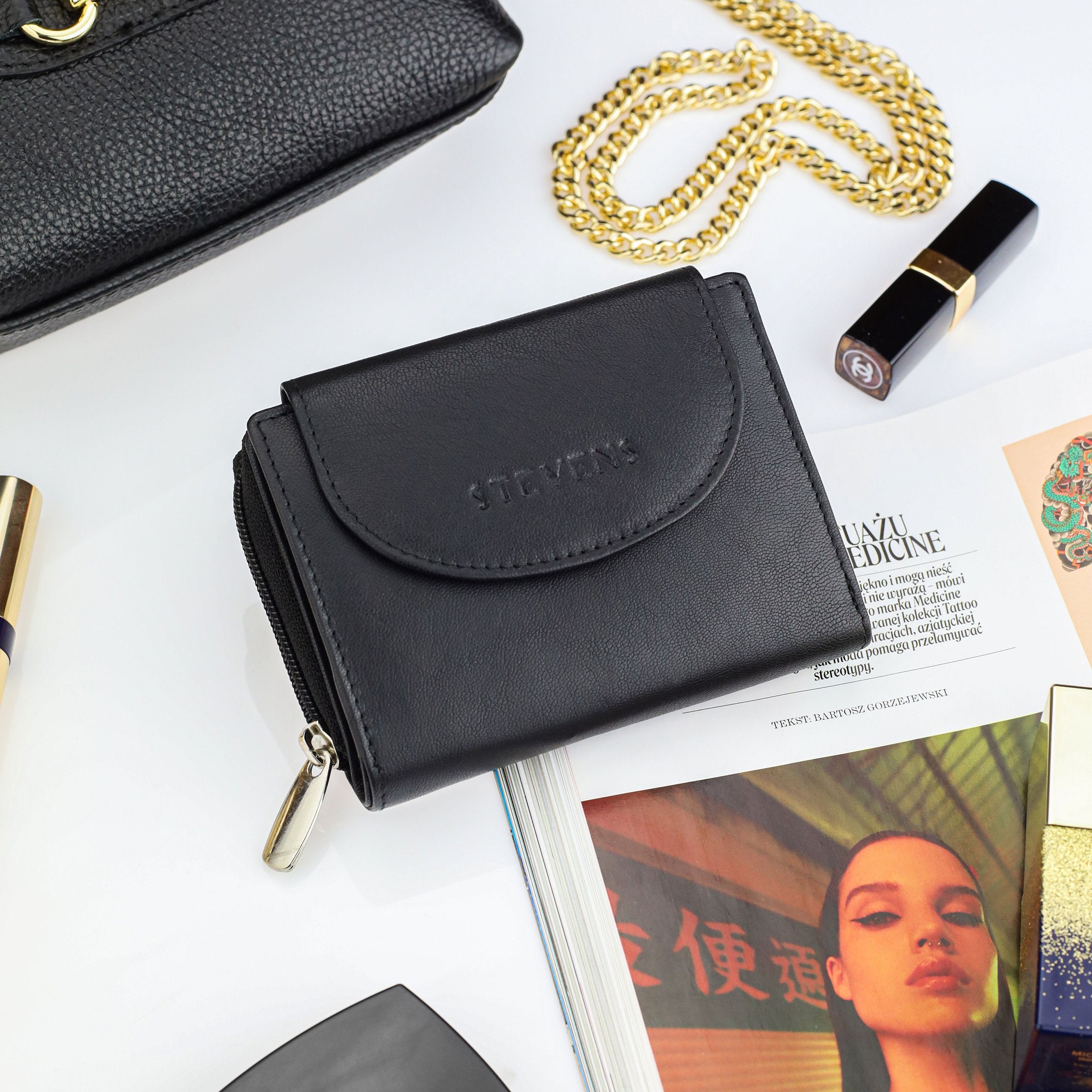 Moteriška odinė piniginė Stevens, juoda, su RFID apsauga Z01-D03