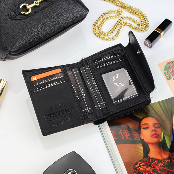 Moteriška odinė piniginė Stevens, juoda, su RFID apsauga Z01-D03