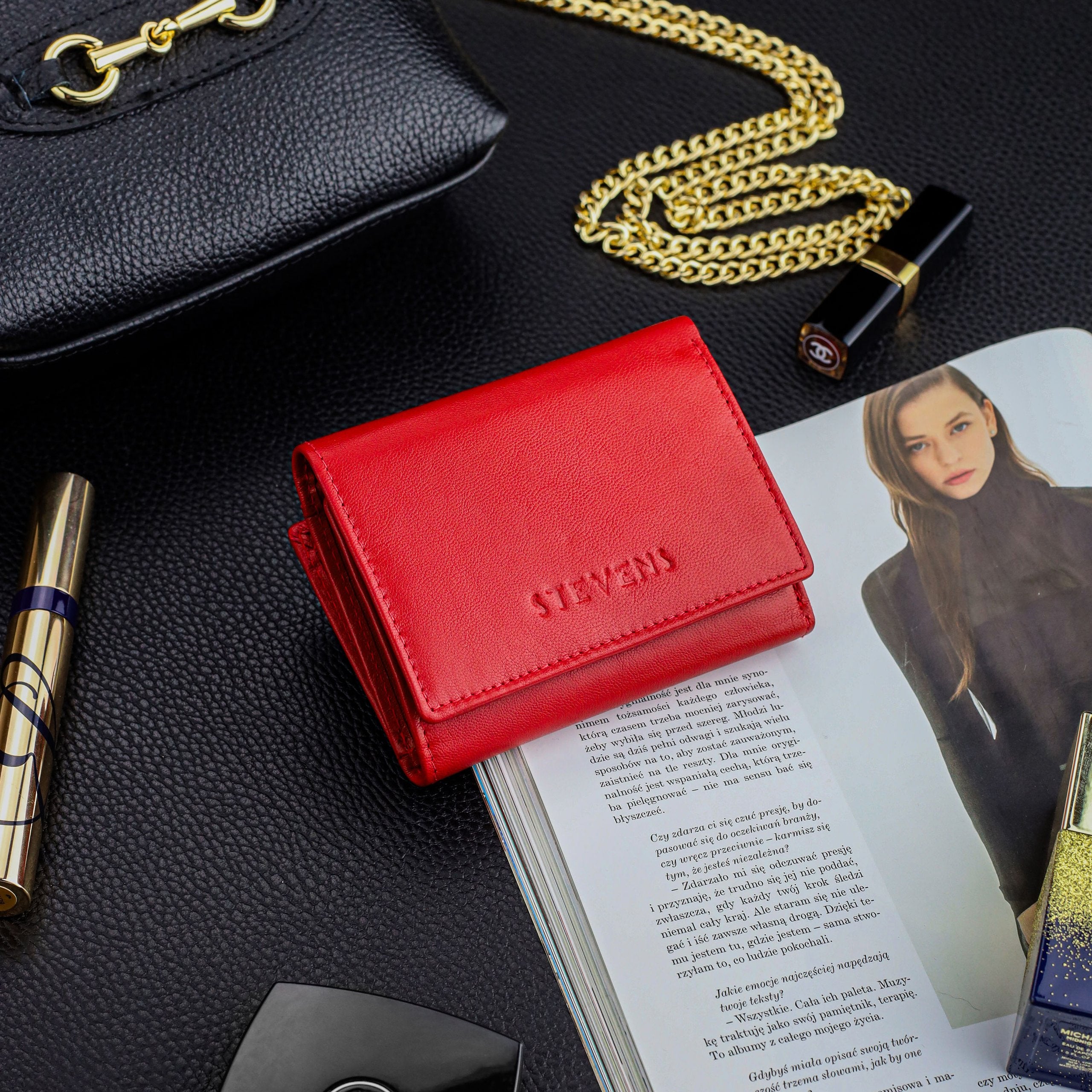 Moteriška odinė piniginė Stevens, raudona, su RFID apsauga Z01-D02