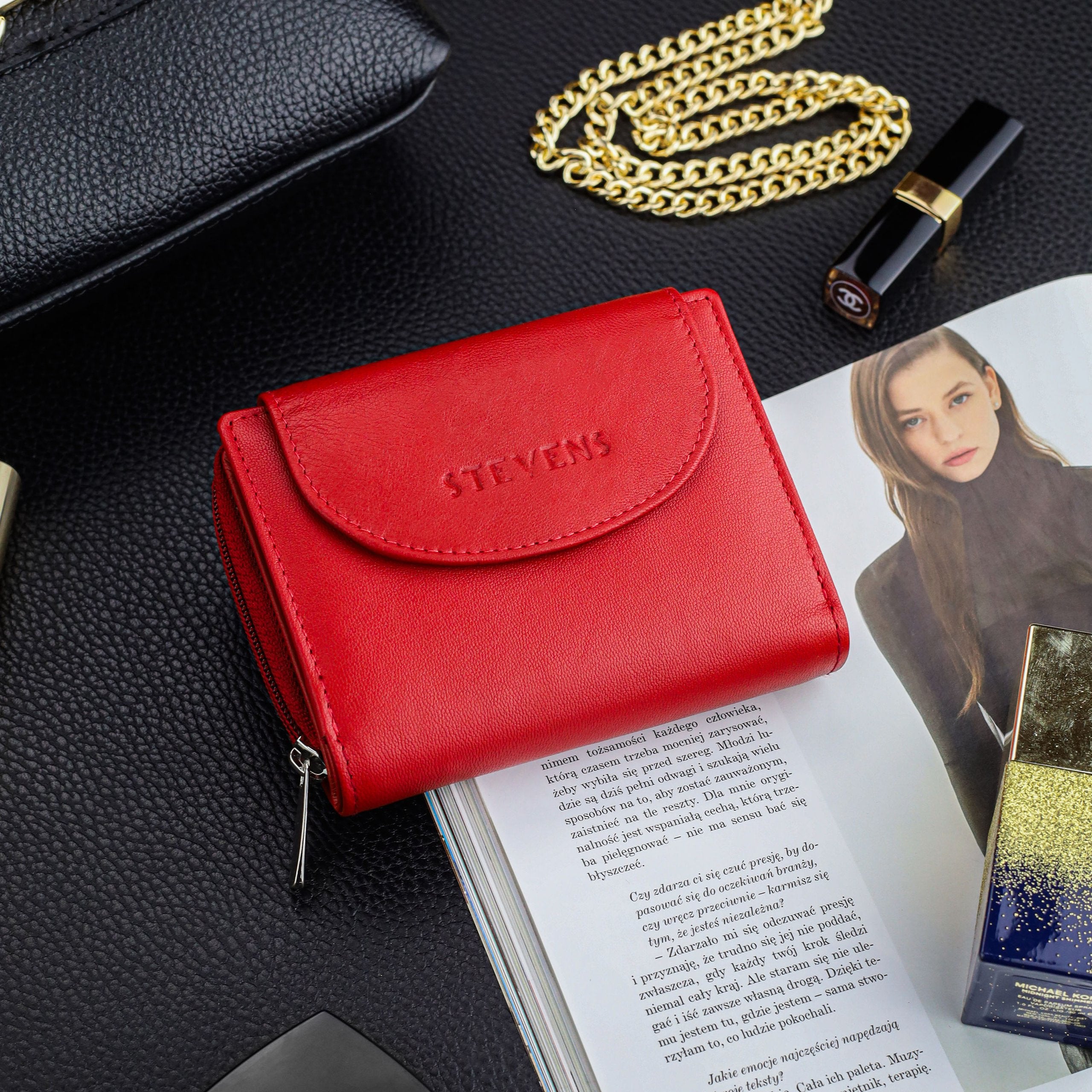 Moteriška odinė piniginė Stevens, raudona, su RFID apsauga Z01-D03
