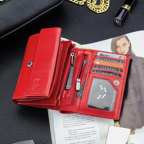Moteriška odinė piniginė STEVENS su RFID Z02 / RB raudonos spalvos D1876