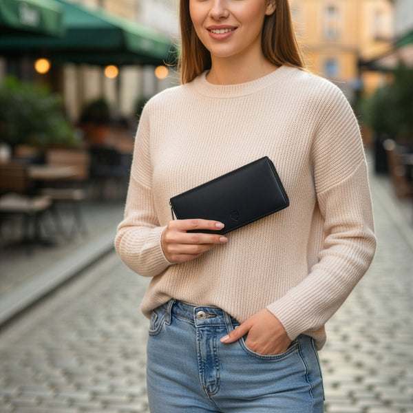 Piniginė moterims Stevens su RFID apsauga bei užtrauktuku, juoda D50
