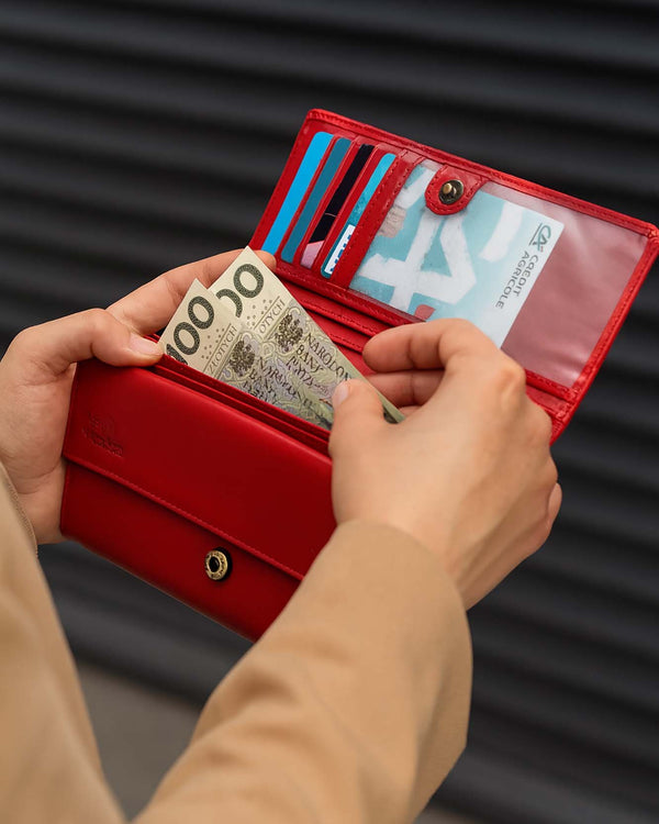 Moteriška odinė piniginė STEVENS Z02 / RB-063M Extended raudona su RFID apsauga D1884