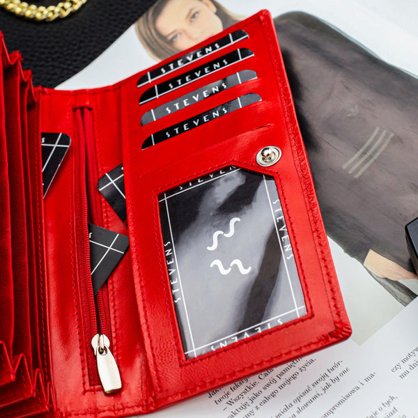 Moteriška odinė piniginė STEVENS Z02 / RB-063M Extended raudona su RFID apsauga D1884