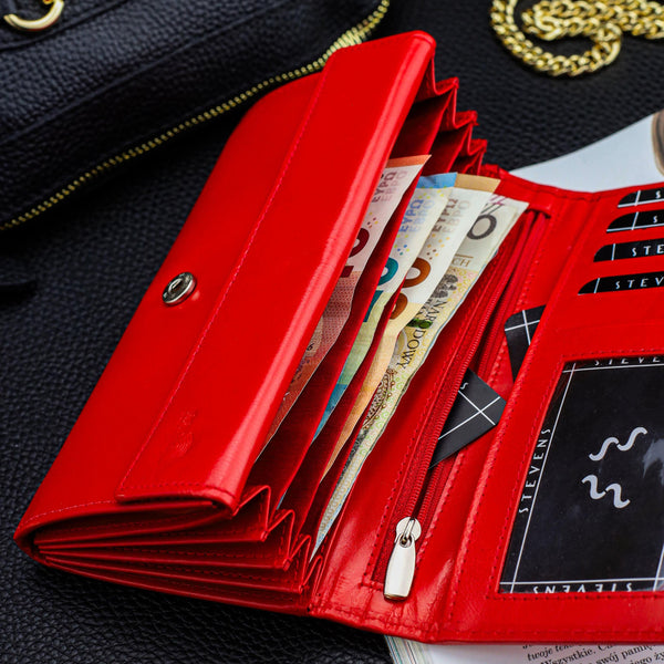 Moteriška odinė piniginė STEVENS Z02 / RB-063M Extended raudona su RFID apsauga D1884