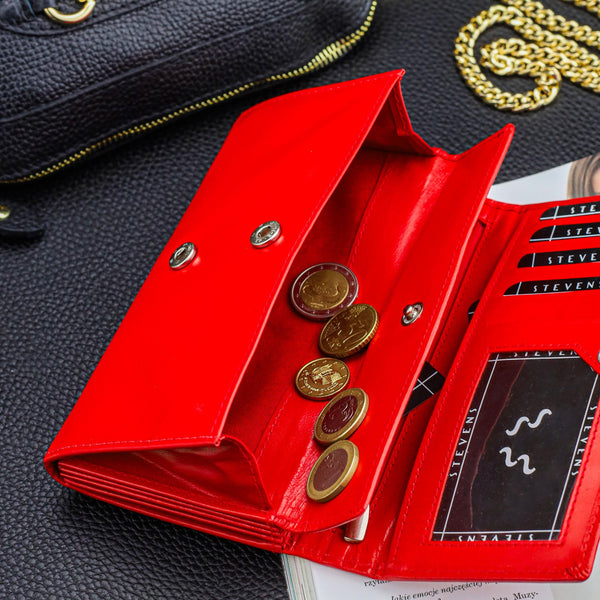 Moteriška odinė piniginė STEVENS Z02 / RB-063M Extended raudona su RFID apsauga D1884