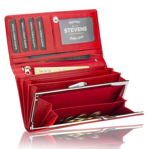 Moteriška odinė piniginė „STEVENS“ Z03-099 prailginta raudonos spalvos su RFID apsauga D1811