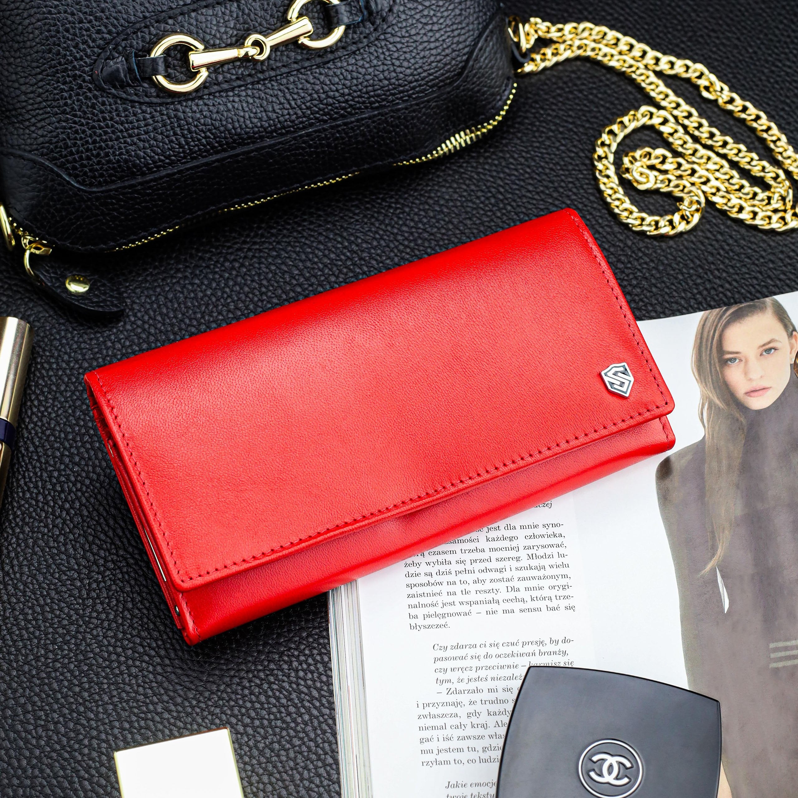 Moteriška odinė piniginė „STEVENS“ Z03-099 prailginta raudonos spalvos su RFID apsauga D1811