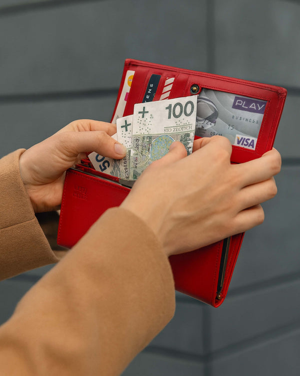 Moteriška odinė piniginė „STEVENS“ Z03-099 prailginta raudonos spalvos su RFID apsauga D1811