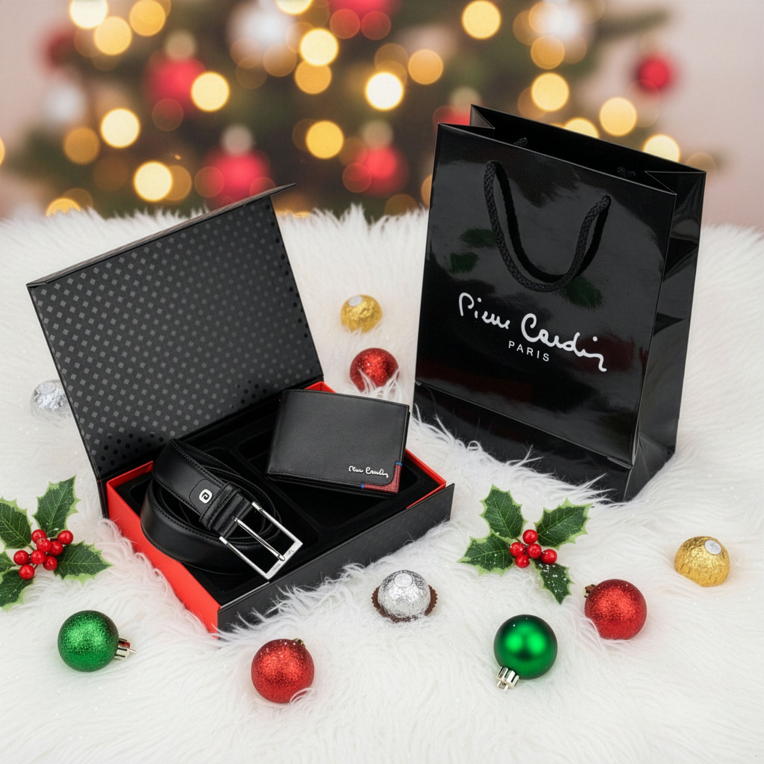 Vyriška piniginė ir diržas Pierre Cardin dėžutėje, juoda, natūrali oda