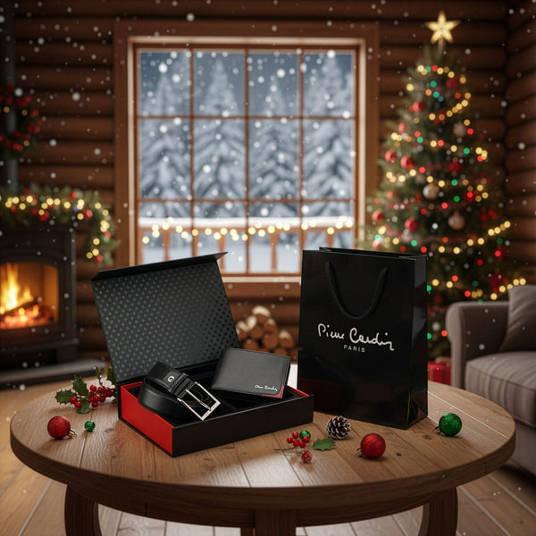 Vyriška piniginė ir diržas Pierre Cardin dėžutėje, juoda, natūrali oda