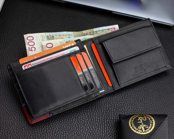 Vyriška piniginė Pierre Cardin, juoda-raudona, natūrali oda, RFID apsauga 75TILAK