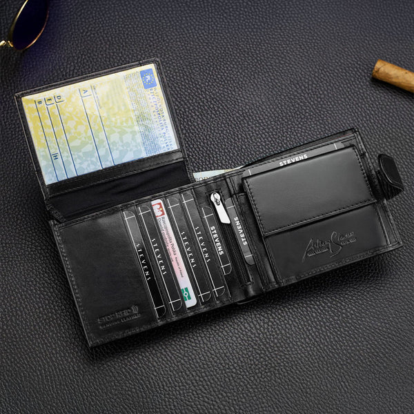 Vyriška odinė piniginė STEVENS, juoda, su RFID apsauga 8888A-R