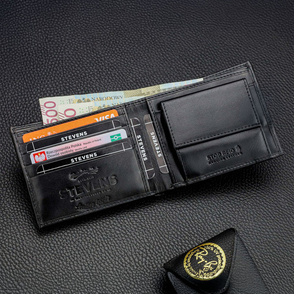 Vyriška odinė piniginė Stevens, plona, juoda, su RFID apsauga 8824-R