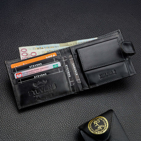 Vyriška odinė piniginė Stevens, plona, juoda, su RFID apsauga 8824A-R