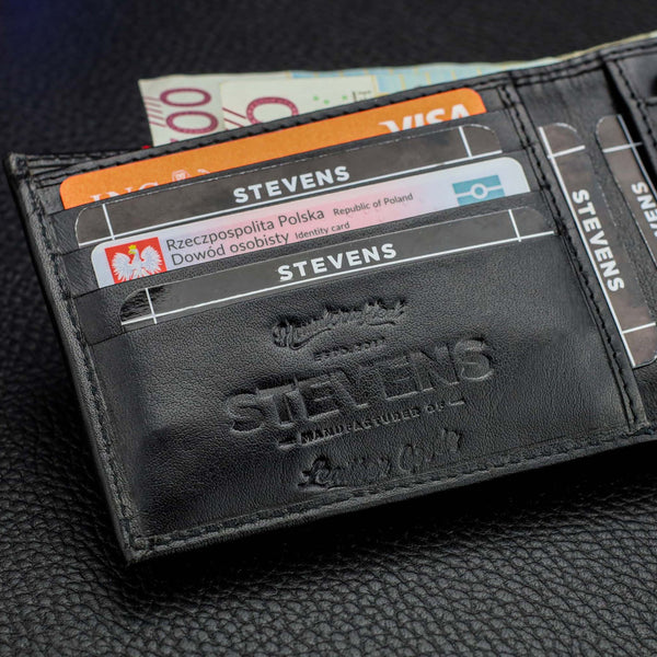 Vyriška odinė piniginė Stevens, plona, juoda, su RFID apsauga 8824A-R