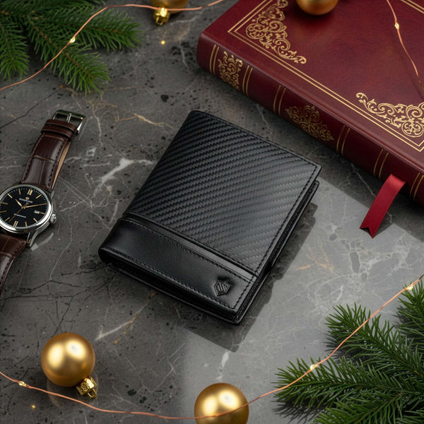 Vyriška odinė piniginė Stevens, juoda, su anglies pluošto danga ir RFID apsauga 02-326-R