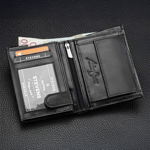Vyriška odinė piniginė Stevens, juoda, su anglies pluošto danga ir RFID apsauga 02-326-R