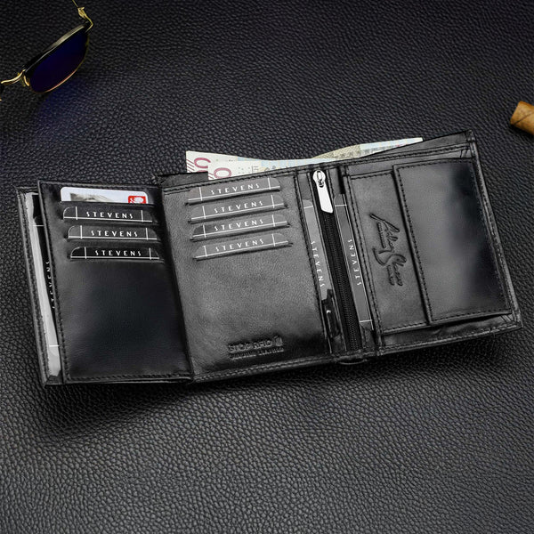 Vyriška odinė piniginė Stevens, juoda, su anglies pluošto danga ir RFID apsauga 02-326-R