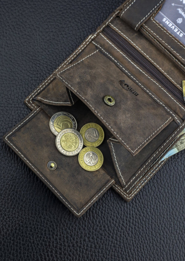 Vyriška odinė piniginė STEVENS su RFID apsauga rudos spalvos S194