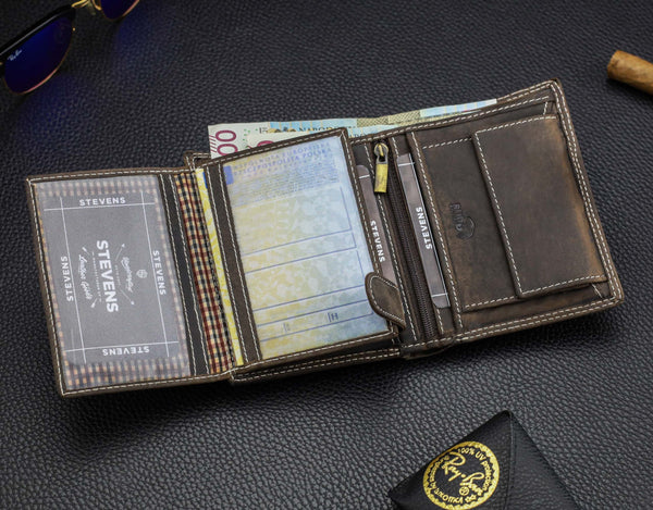 Vyriška odinė piniginė STEVENS su RFID apsauga rudos spalvos S194