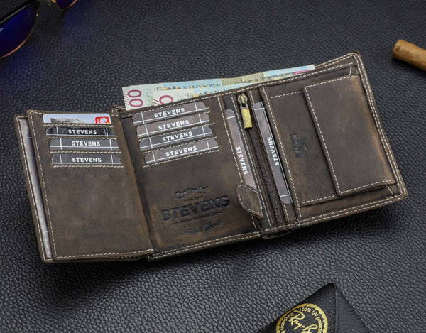 Vyriška odinė piniginė STEVENS su RFID apsauga rudos spalvos S194