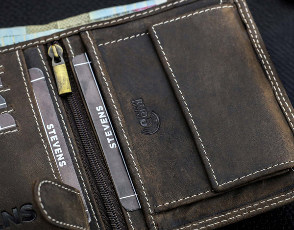Vyriška odinė piniginė STEVENS su RFID apsauga rudos spalvos S194