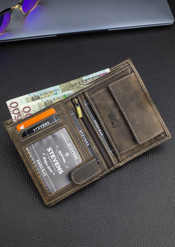 Vyriška odinė piniginė STEVENS su RFID apsauga rudos spalvos S194
