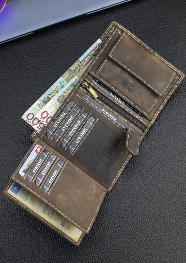 Vyriška odinė piniginė STEVENS su RFID apsauga rudos spalvos S194