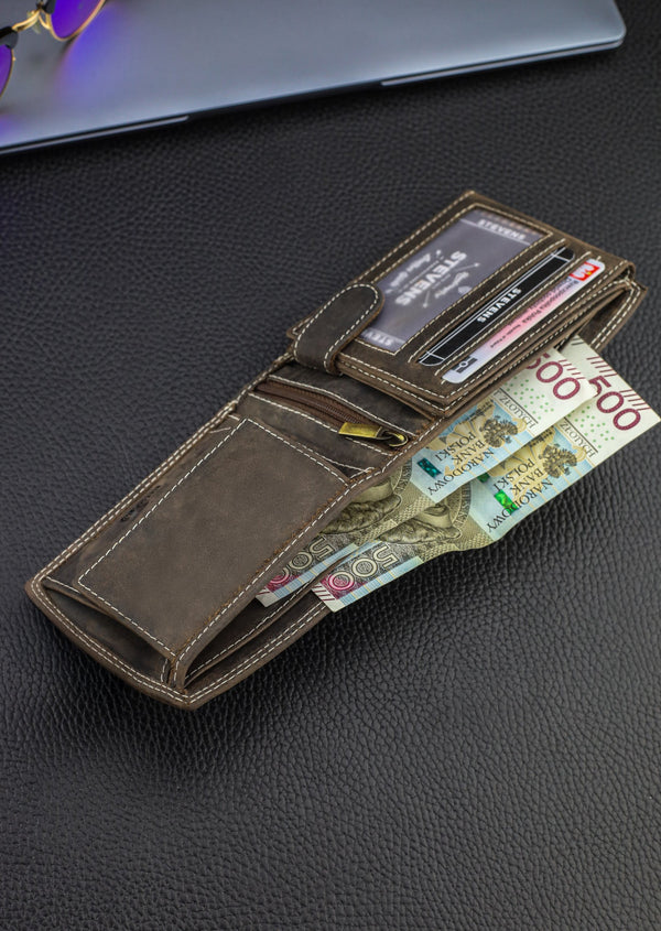 Vyriška odinė piniginė STEVENS su RFID apsauga rudos spalvos S195