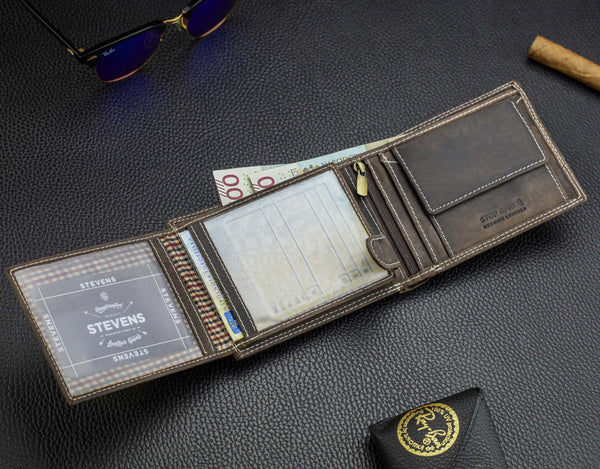 Vyriška odinė piniginė STEVENS su RFID apsauga rudos spalvos S195