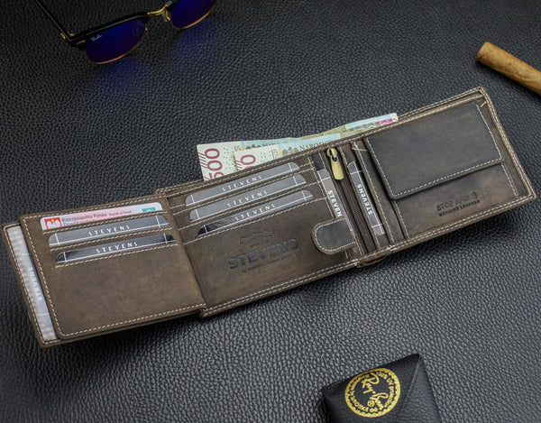 Vyriška odinė piniginė STEVENS su RFID apsauga rudos spalvos S195