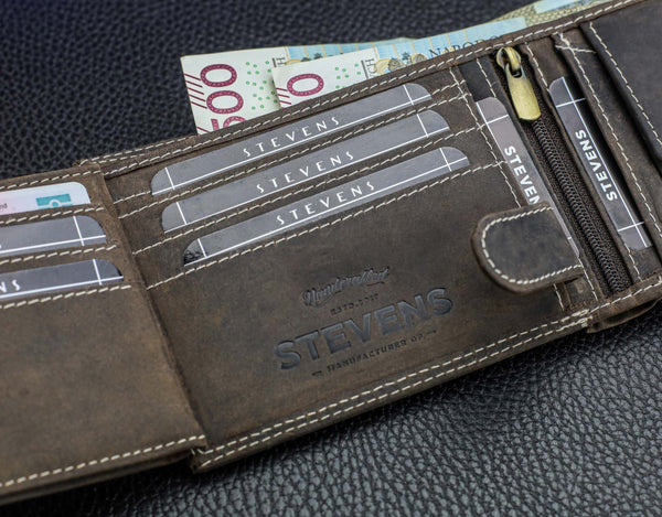 Vyriška odinė piniginė STEVENS su RFID apsauga rudos spalvos S195