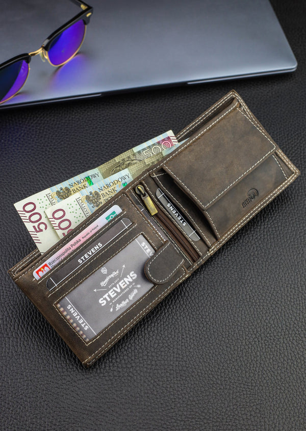 Vyriška odinė piniginė STEVENS su RFID apsauga rudos spalvos S195
