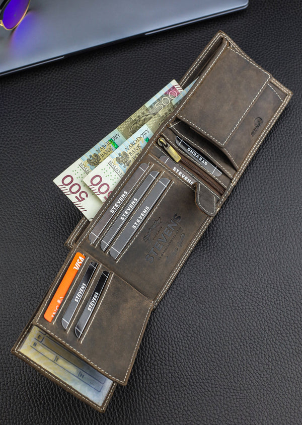 Vyriška odinė piniginė STEVENS su RFID apsauga rudos spalvos S195