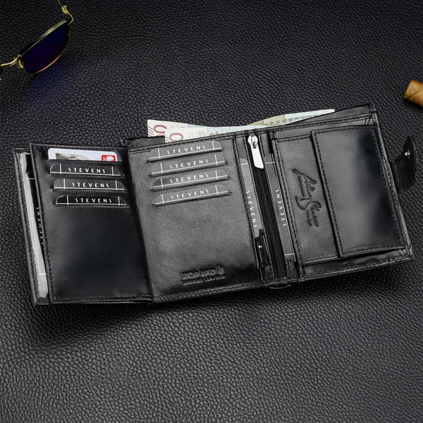 Vyriška odinė piniginė Stevens Carbon, juoda, su RFID apsauga 02-326A-R