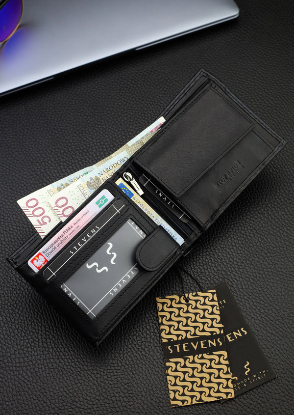 Vyriška odinė piniginė Stevens, juoda, RFID apsauga
