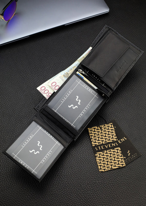 Vyriška odinė piniginė Stevens, juoda, RFID apsauga