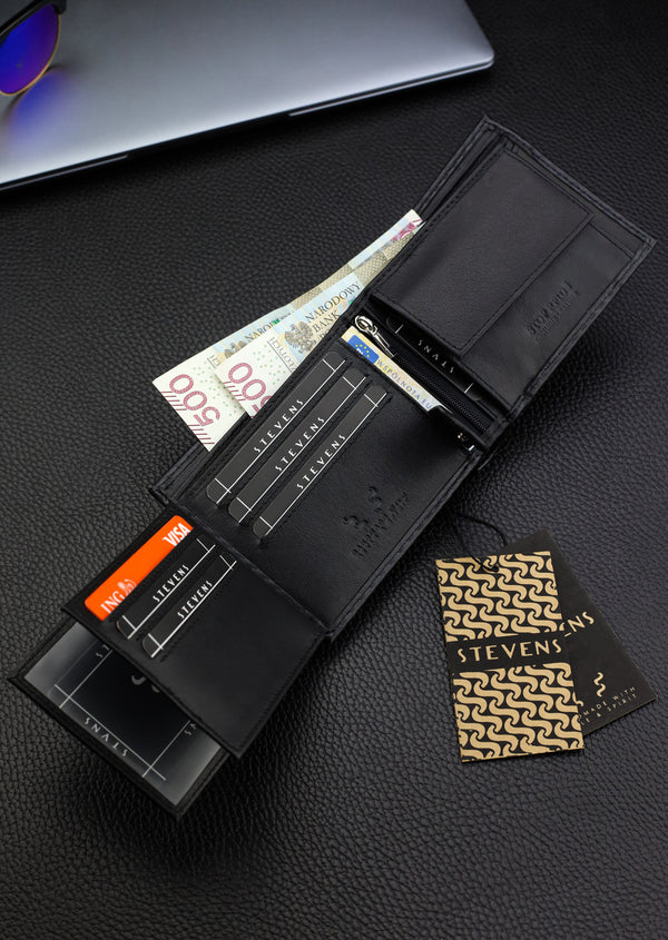 Vyriška odinė piniginė Stevens, juoda, RFID apsauga