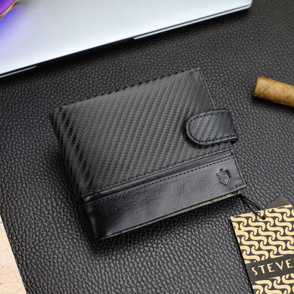 Vyriška odinė piniginė Stevens, juoda, su RFID ir anglies pluošto danga 02-325A-R