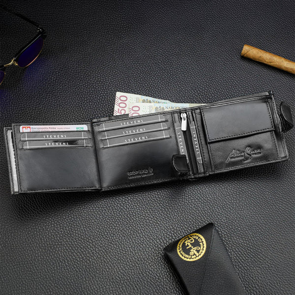 Vyriška odinė piniginė Stevens, juoda, su RFID ir anglies pluošto danga 02-325A-R
