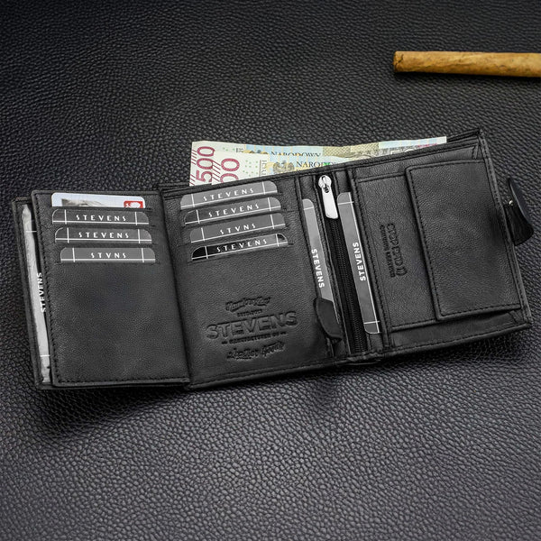 Vyriška odinė piniginė medinėje dėžutėje Stevens 326A, juoda S163