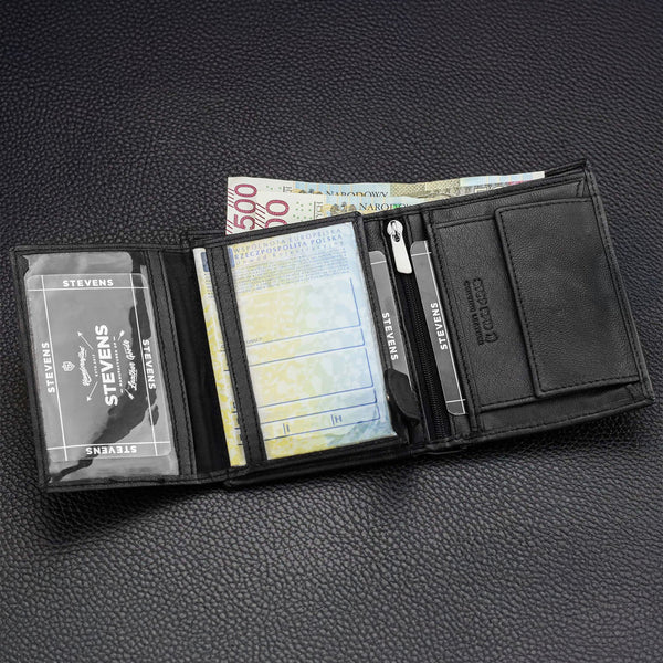Vyriška odinė piniginė STEVENS su maišeliu, juoda, su RFID apsauga 326