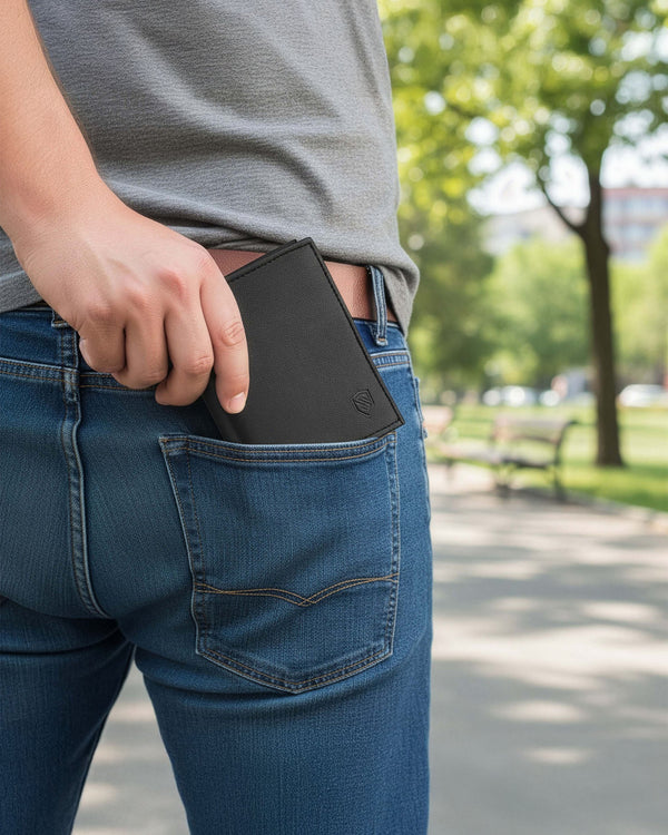 Vyriška odinė piniginė STEVENS su maišeliu, juoda, su RFID apsauga 326