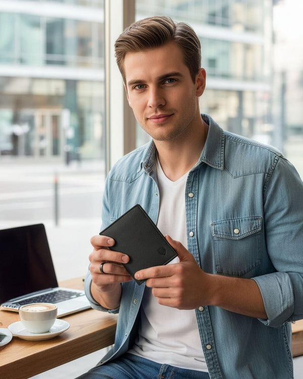 Vyriška odinė piniginė STEVENS su maišeliu, juoda, su RFID apsauga 326