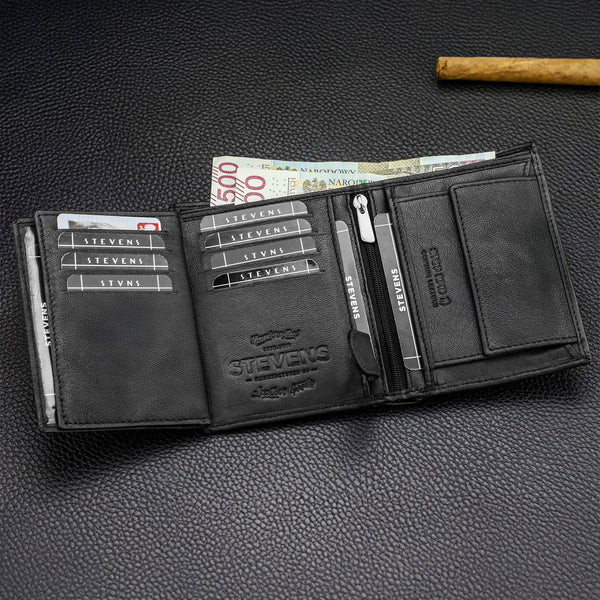 Vyriška odinė piniginė STEVENS su maišeliu, juoda, su RFID apsauga 326