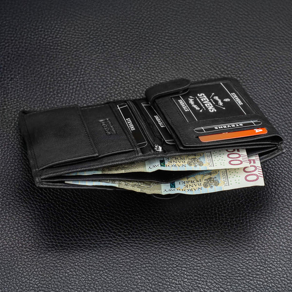 Vyriška odinė piniginė STEVENS su maišeliu, juoda, su RFID apsauga 326